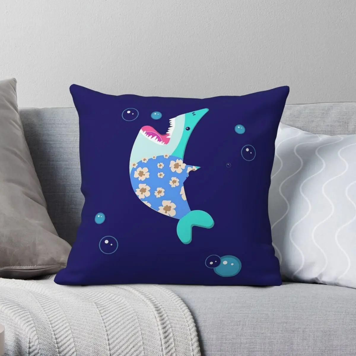 Cute Shark Vacation Summer Square Pillowcase Polyester Linen Velvet Creative Zip Decor Pillow Case Home Cushion Cover