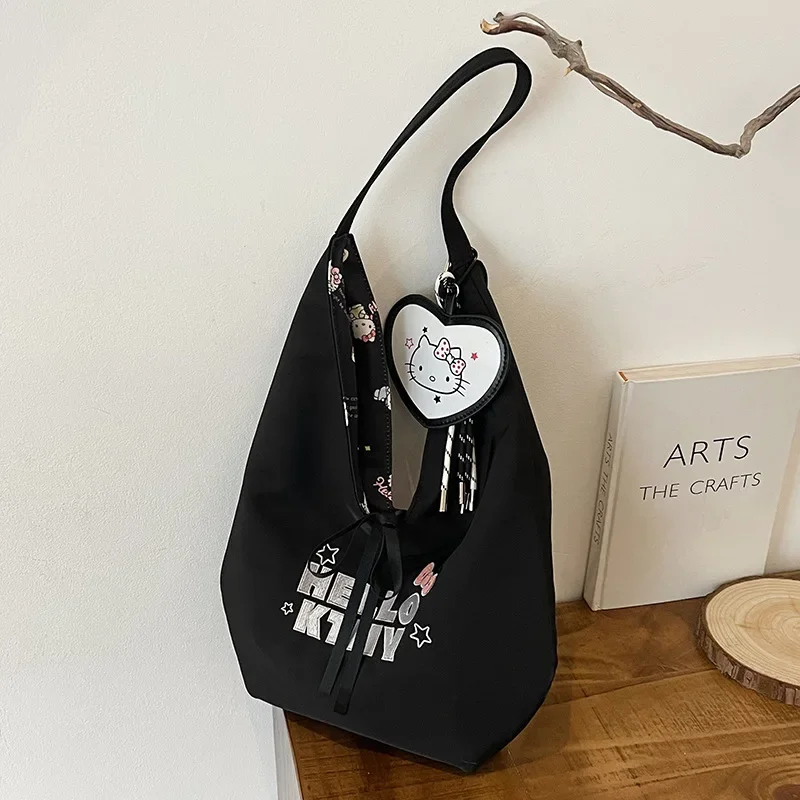 

Сумка через плечо Hello Kitty, милая сумка через плечо с вышивкой для девочек, новый бант, большая вместительная сумка на плечо, нейлоновая большая сумка, сумки для женщин