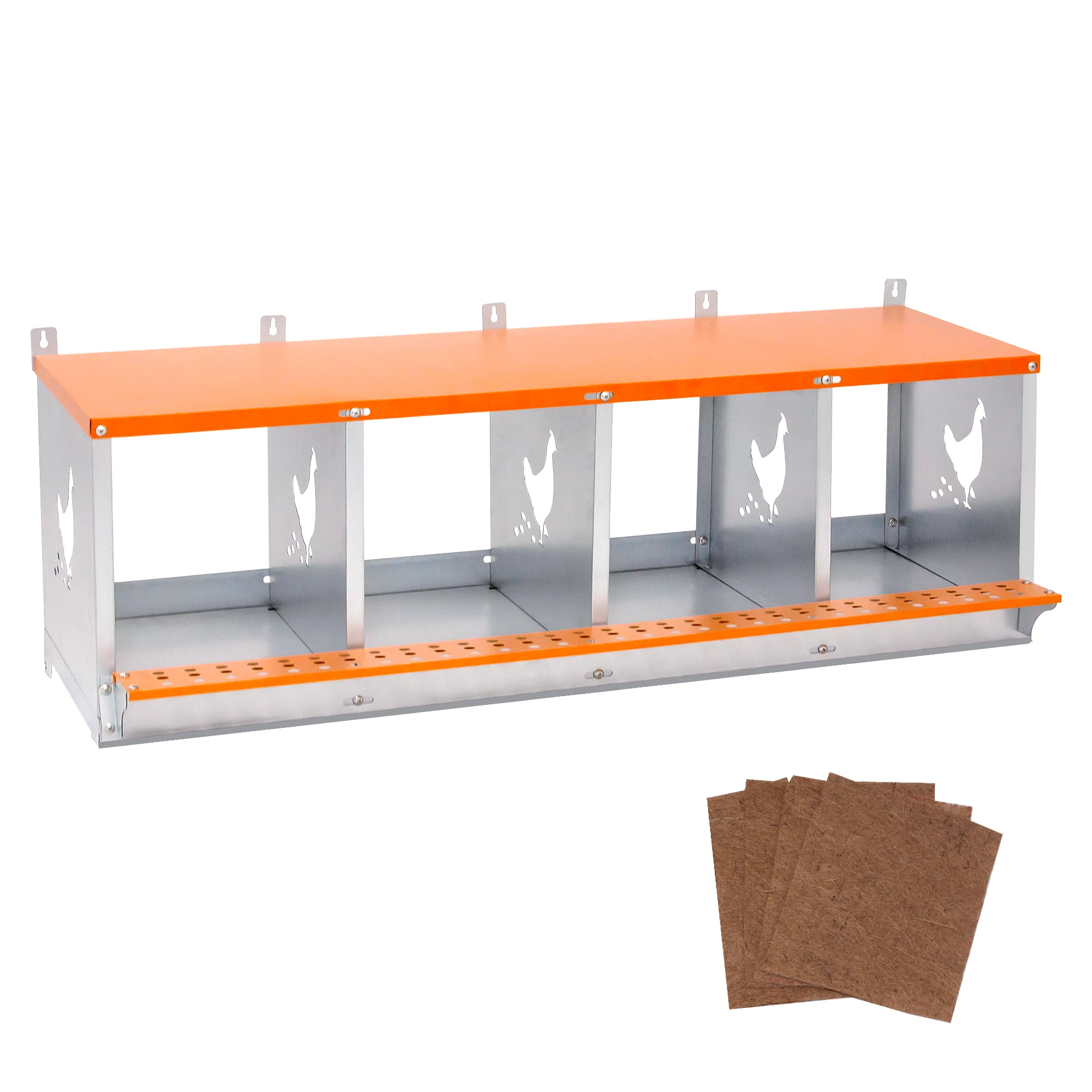 4 Bay Wall Mount Metal Nesting Box Heavy Duty Galvanized Steel Vented Egg Laying Coop for Hens and Ducks Orange Easy Assembly