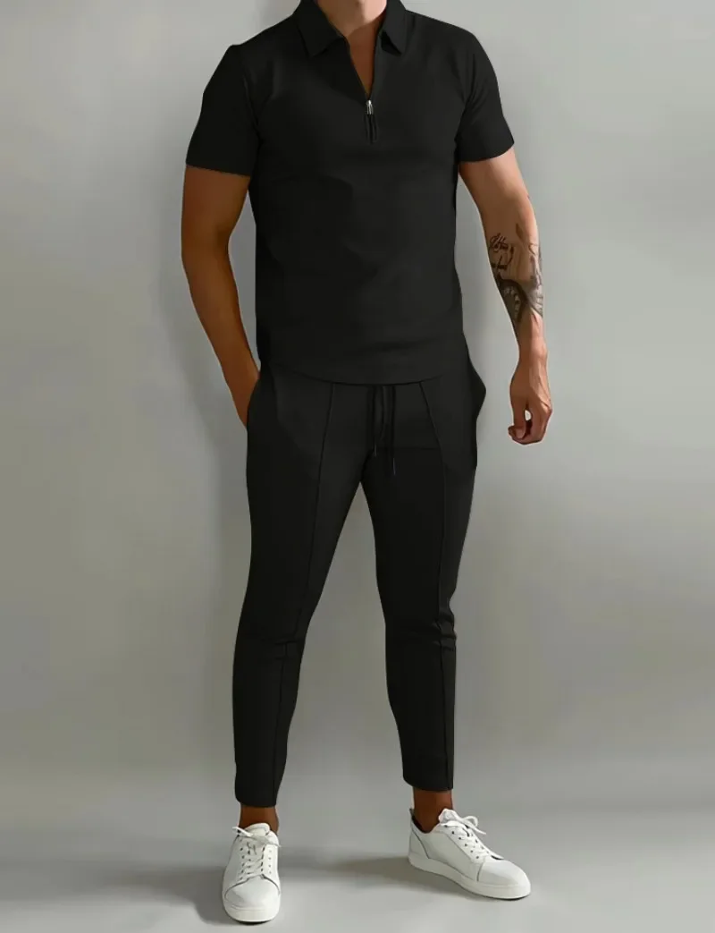 

Men New Pant Set Two Piece Sets Polo Neck Short Sleeve Shirts Solid T Shirt Splice Lace Up High Waist Long Pants Casual Regular