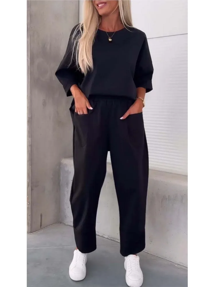 Autumn Casual Round Neck Pocket Tracksuit Retro Solid Women Top And Pants Sets 2024 Fashion Winter Long Sleeve Loose Female Set