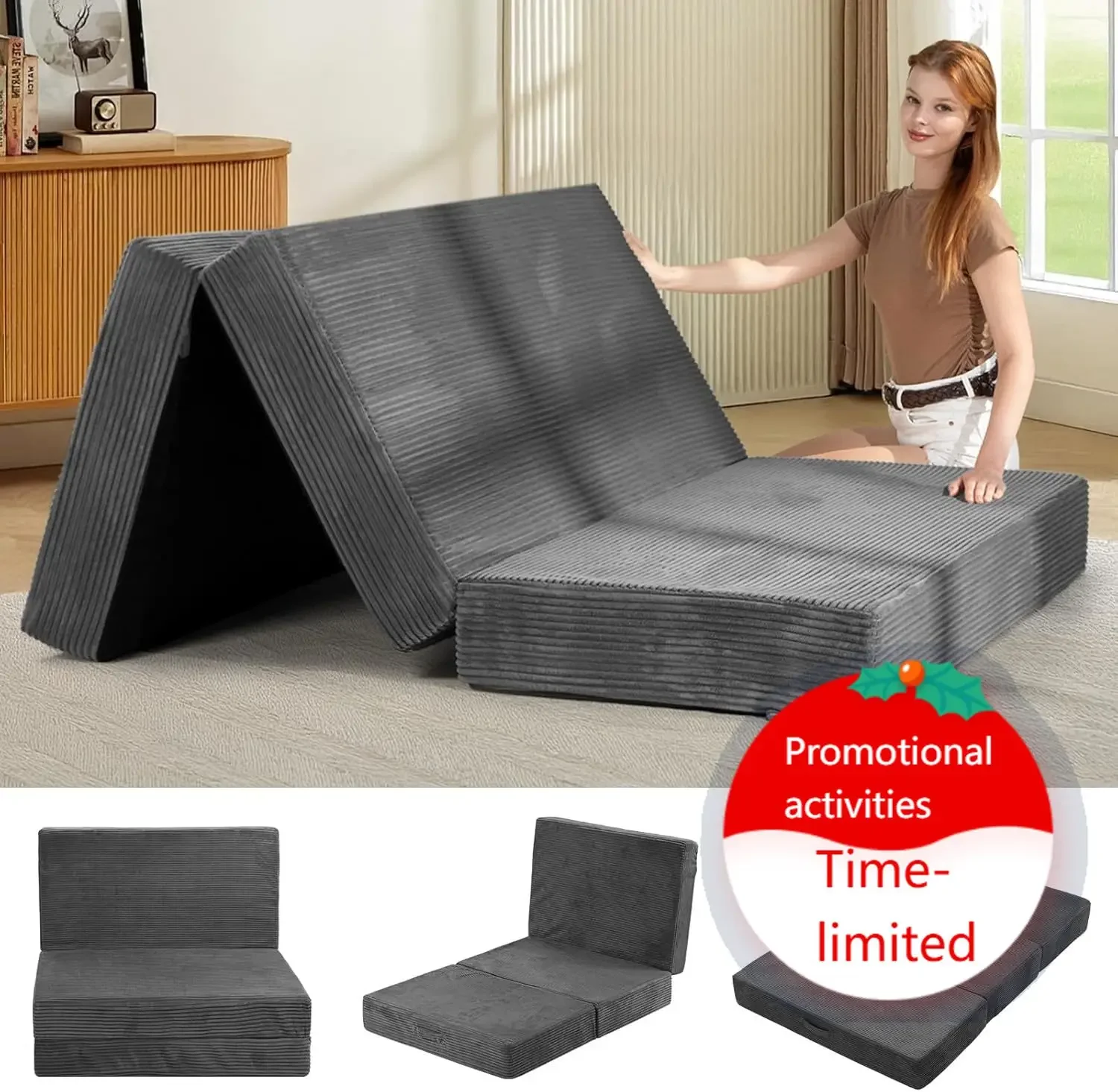 6-Inch Tri-Folding Mattress Full Size - Foldable Futon Sofa Bed with Removable Washable Cover, Folding Futon Mattress | Non-Slip