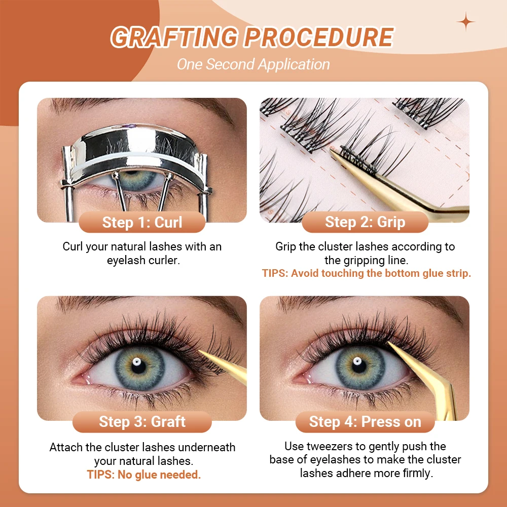 Lashtalk Fishtail Segments Lashes Self Adhesive DIY False Eyelash No Glue Remover Needed One-Step Reusable Pre-Glued 60 Clusters