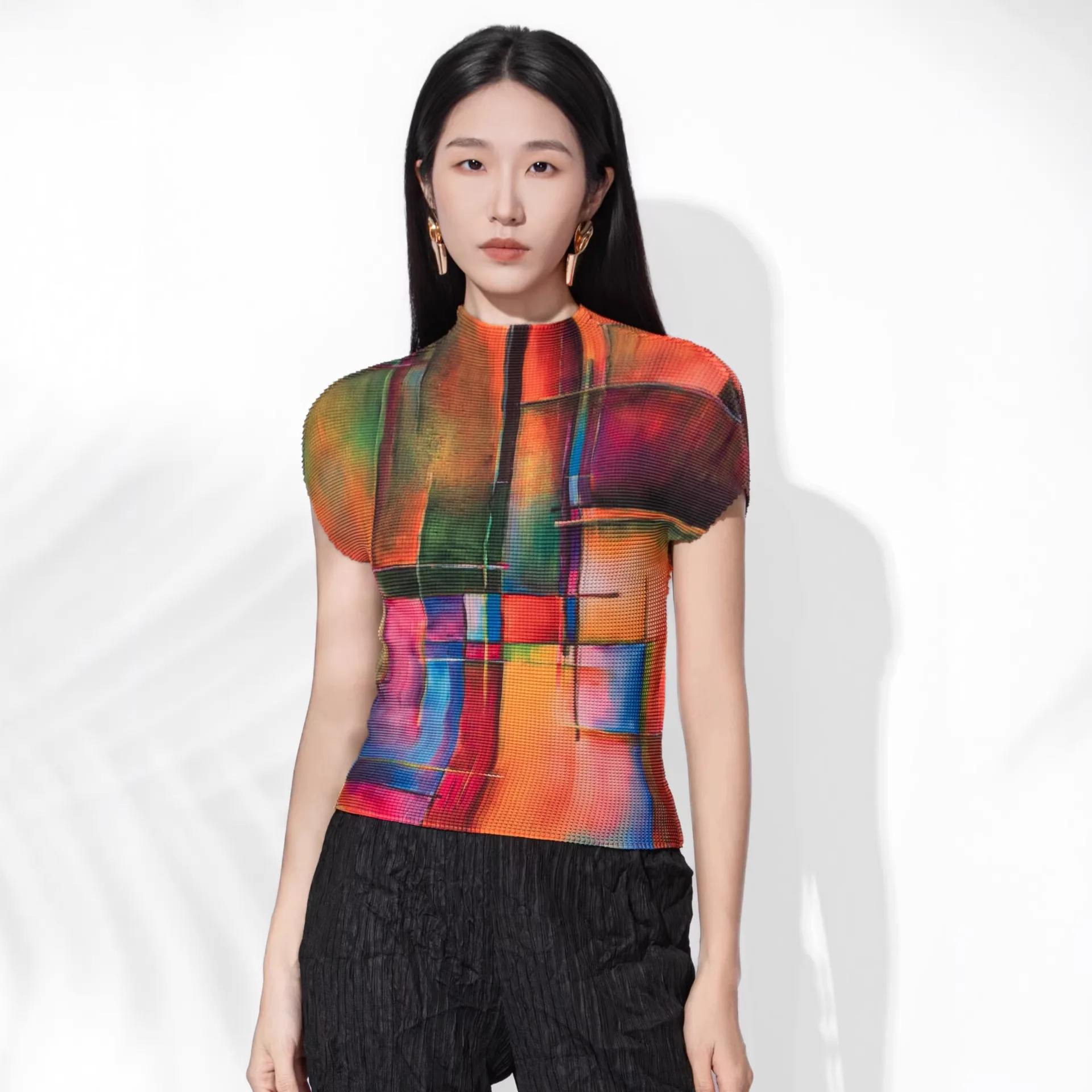 

Miyake Pleated Printed T-shirt for Women 2026 New Summer Fashion Short-sleeved O Neck Pullover Casual Versatile Bottoming Top