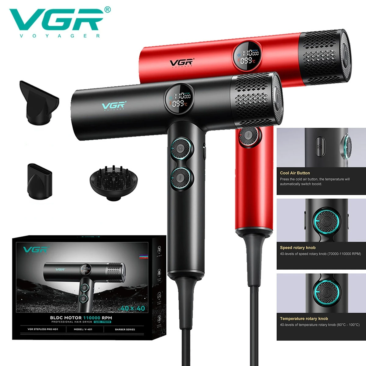VGR Haartrockner Professionell Haartrockner Negative Ionen 110000 U/min Luftgebläse Friseursalon BLDC-Motor Haushaltsgerät V-401