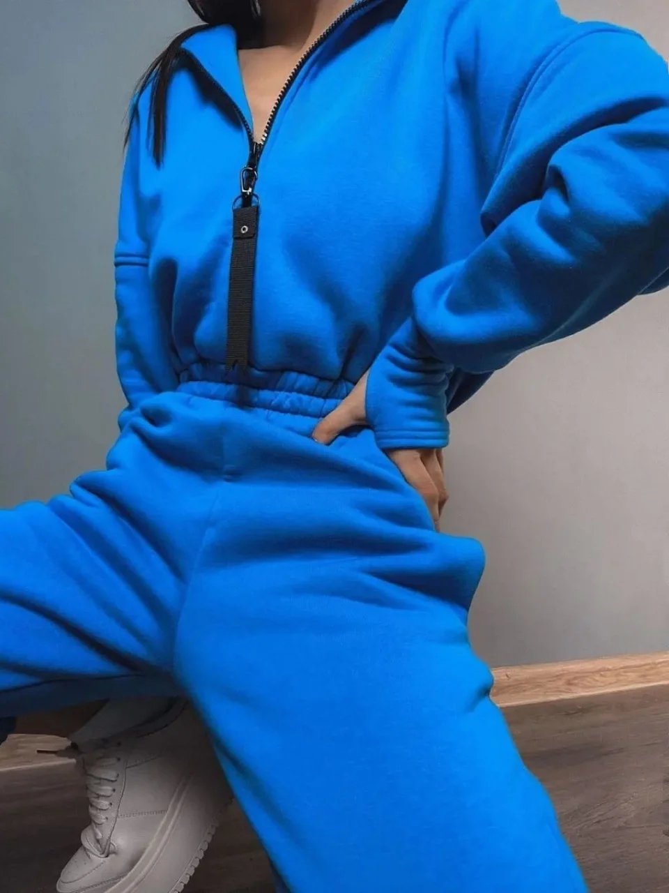 Setelan Jumpsuit Olahraga Street Sle dengan Hoodie, Celana Panjang, Pinggang Tinggi, Penutup Ritsleting, Bahan Poliester, Kaki Lurus, Tipis