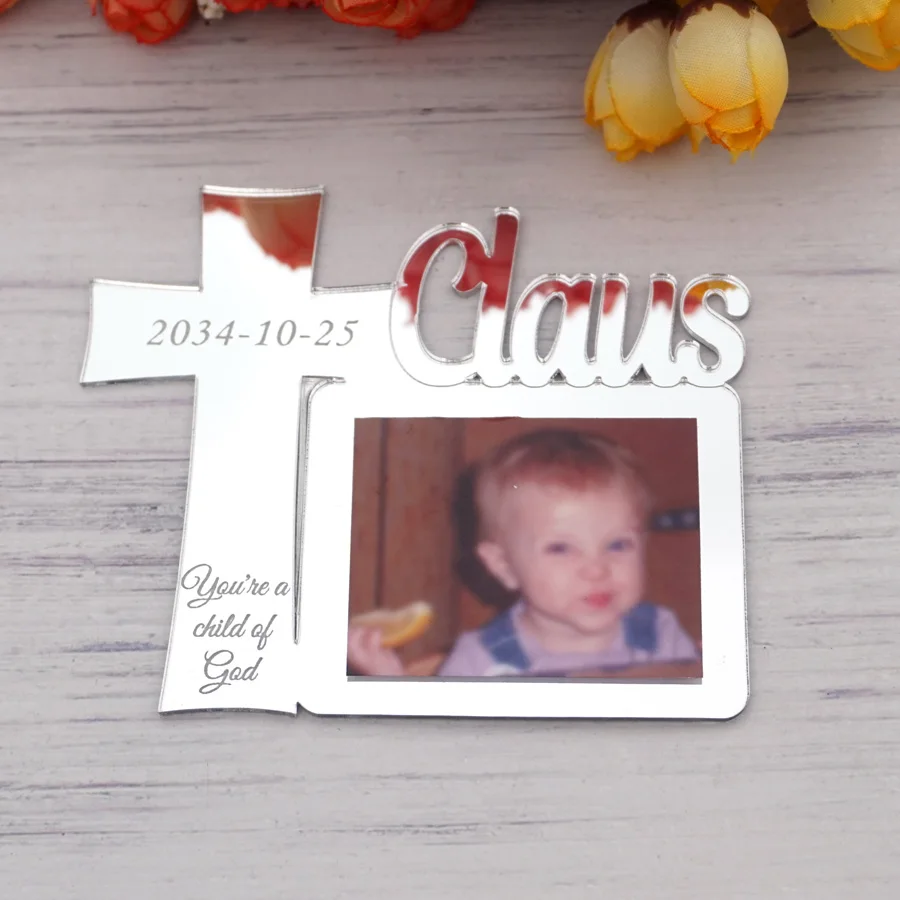 

1 Pcs 8.5cm Height Personalized Name Birth Date Acrylic Photo Frame With Cross Design Baptism Baby Shower Gift Party Supplies