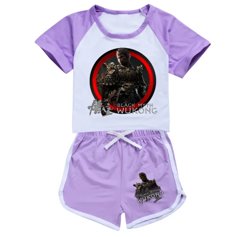 111 www لعبة جديدة الأسود أسطورة Wukong طباعة الاطفال زي طفل الفتيان ملابس مريحة هدية عيد ميلاد تي شيرت + السراويل 2 قطعة الدعاوى ل