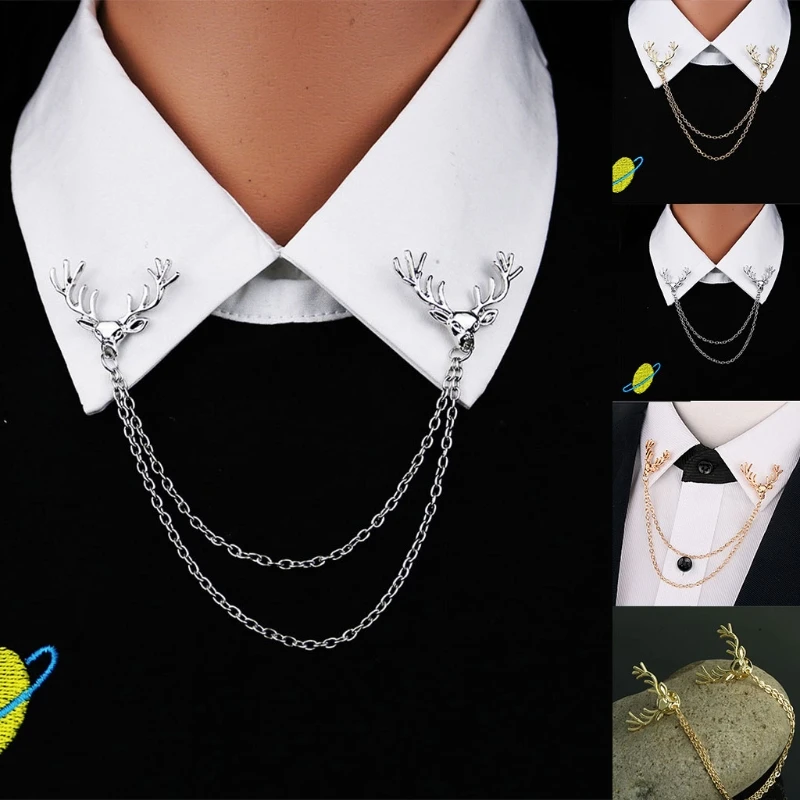 F42F Deer Brooch Pin for Men Women Suit Vintage Shirt Collar Chain Brooches Elk Antler Lapel Pin Decoration