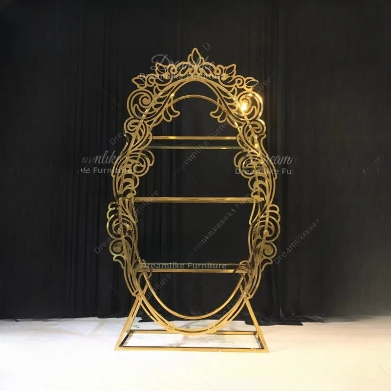 Elegant Stainless Steel and Gold Display Rack Wedding and Event Decor Wooden Panel Style Wine Rack