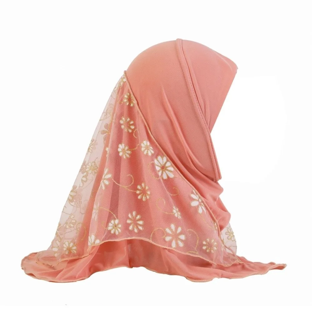 Can Fit Flower Net Small Girl Hijab Elastic Solid Mesh Instant Headscarf Pull On Cotton Kids Turban Cap 2-6 Years Old