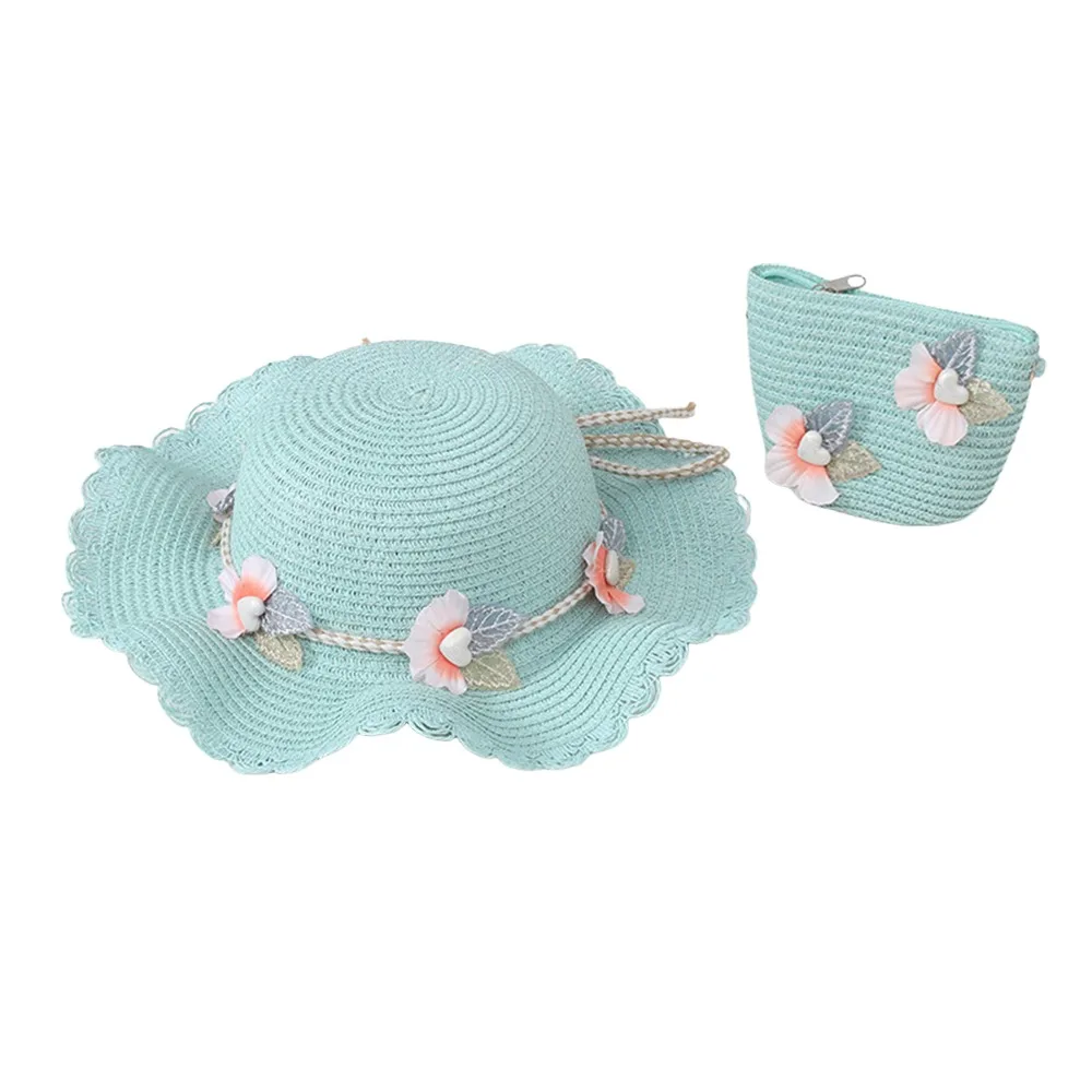 

2Pcs/Set New Wide Brim Straw Hat Beach Bag Set Flower Design Sun Hat Straw Wide Hat Breathable Tote Bag Sun-protective Hat Party