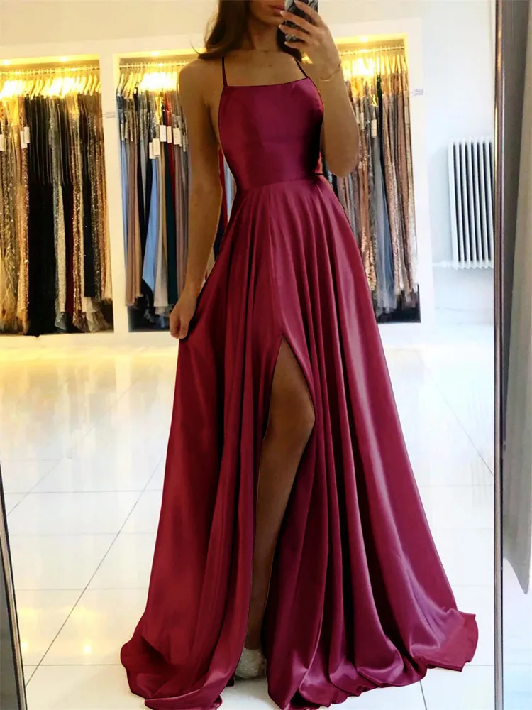 

Burgundy Satin Beach Maxi Women Dress for Christmas Sexy Side Slit Adjustable Straps Evening Prom Dress Cheap Bridesmaid Dresses