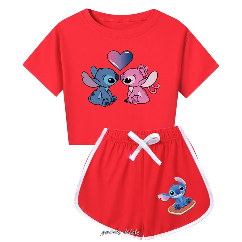 Lilo And Stitch T-shirt Shorts Leisure Sports Suit Girls Clothing Set Baby Boys Homewear Suit Big Kids Summer Tshirt Best Gift