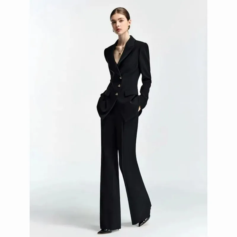 Women High End Black Slim Blazer Flared Pants Two Piece Suit Formal Interview Business Office Outfit