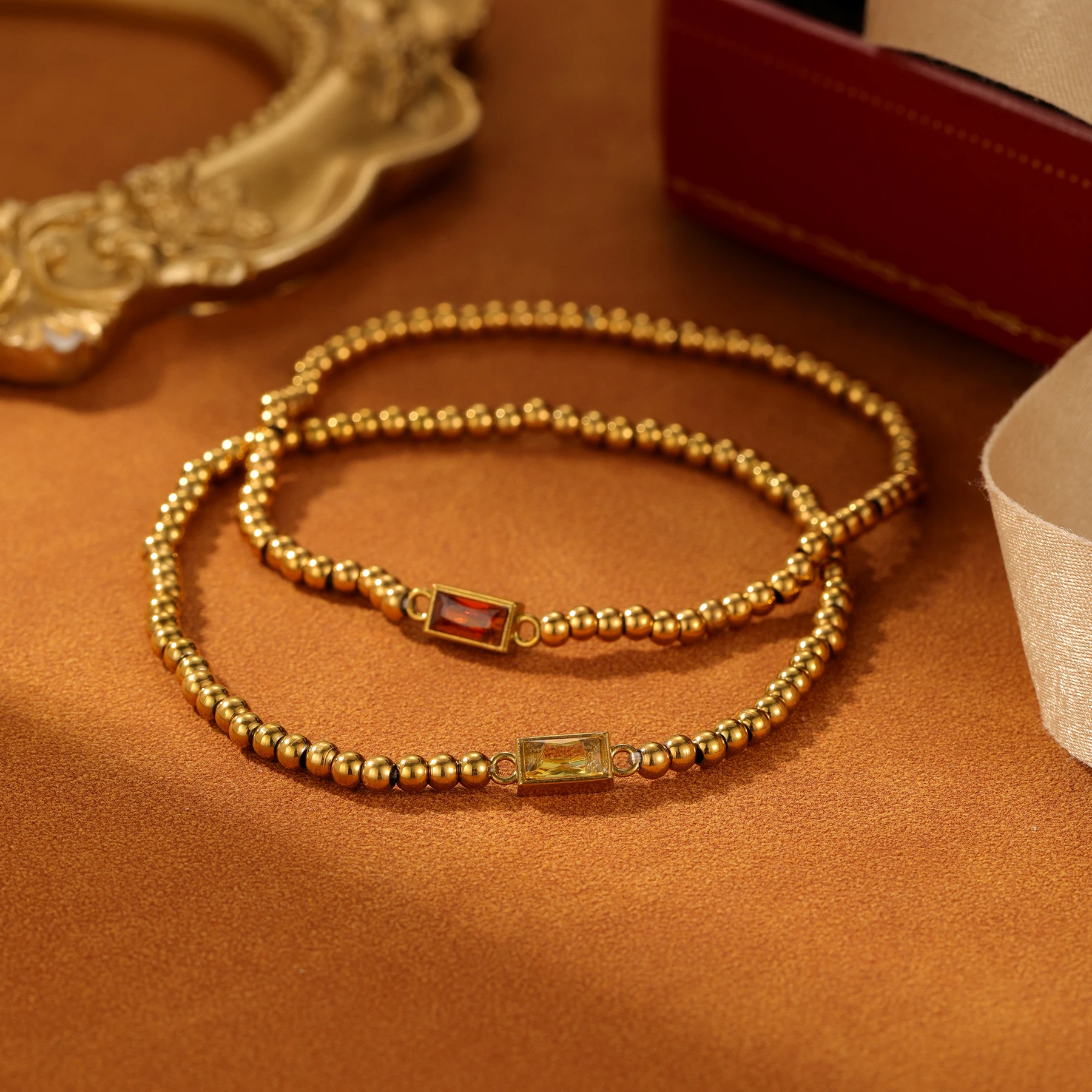 Personalized Birthstone Adjustable Bracelet Elastic Rope Bracelet 18K Gold Plated Bead Bracelet Christmas Gift for Women Sisters