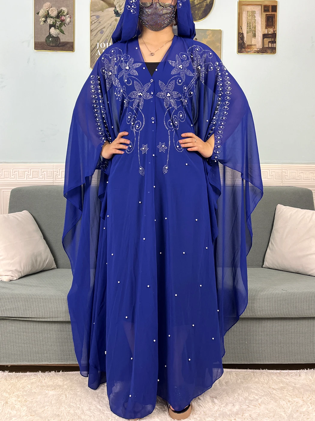 Muslim Open Abayas For Women 2024 Chiffon Beading Set Diamonds Dubai Islam Prayer Garment Sets African Boubou Dress With Hooded