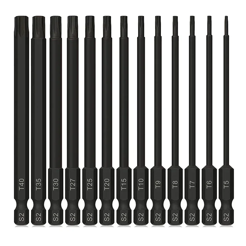 

13Pcs Torx Bit Set Tamper Resistant Impact Security Star Torx Bits 1/4 Inch Hex Shank 100mm Screwdriver Bit Set