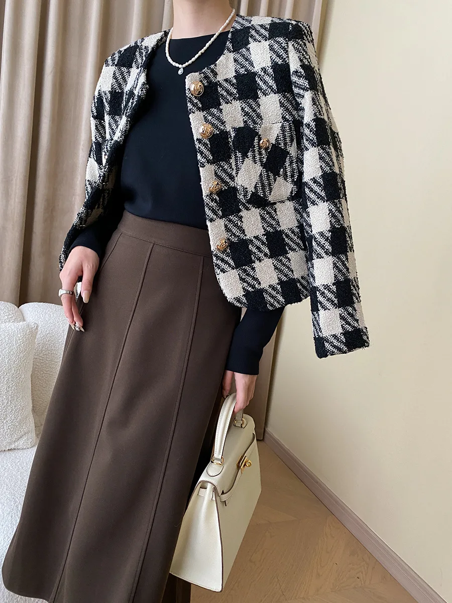 Dames Herfst Winter Hoge Kwaliteit Stijl Retro Plaid Geweven Tweed Jas Korte Jassen