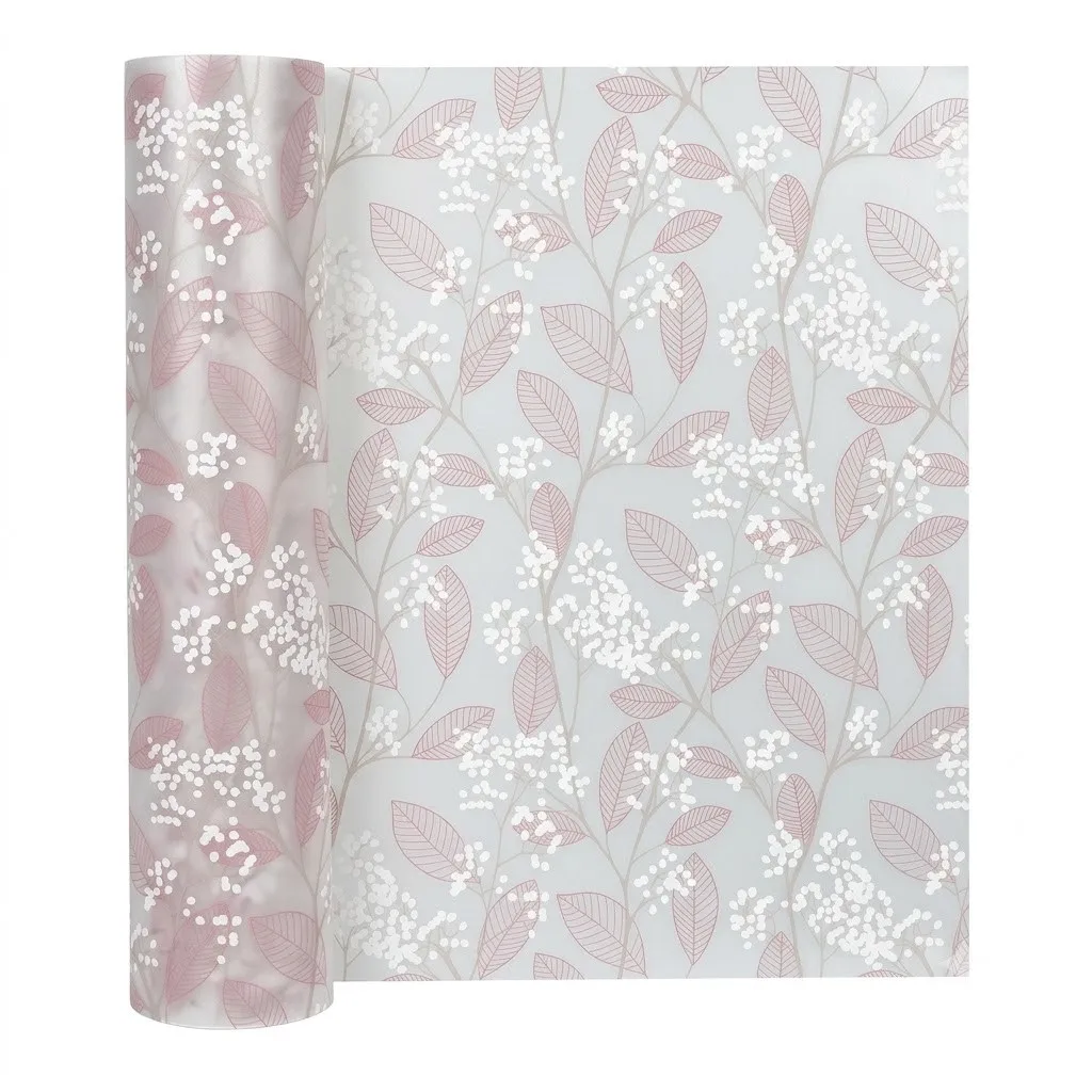 Self‑Adhesive Frosted Glass Window Film Gentle Pink Leaf Floral Pattern Privacy Window Cover for Home Balcony Office Interior