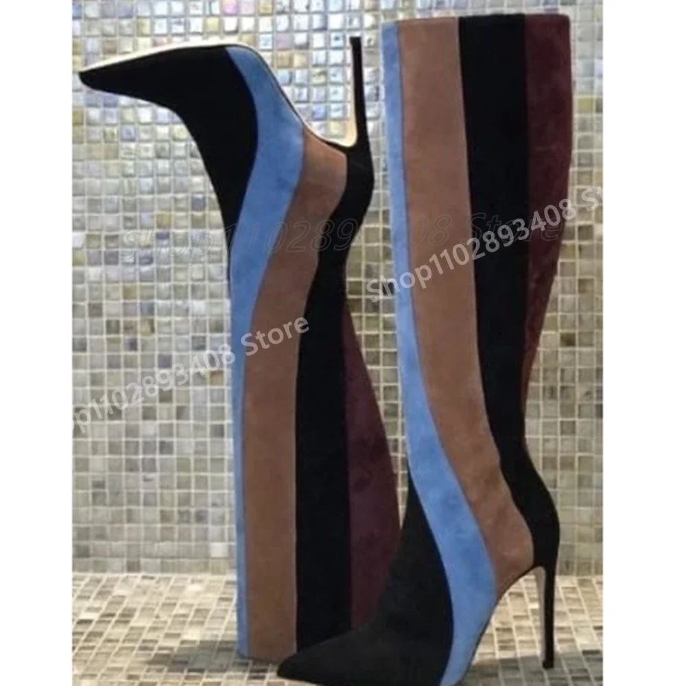 

Pointed Toe Fashion Mutilcolor Strap Suede Mid Calf Boots Stiletto High Heel Runway Style Women Shoes 2025 Zapatos Para Mujere