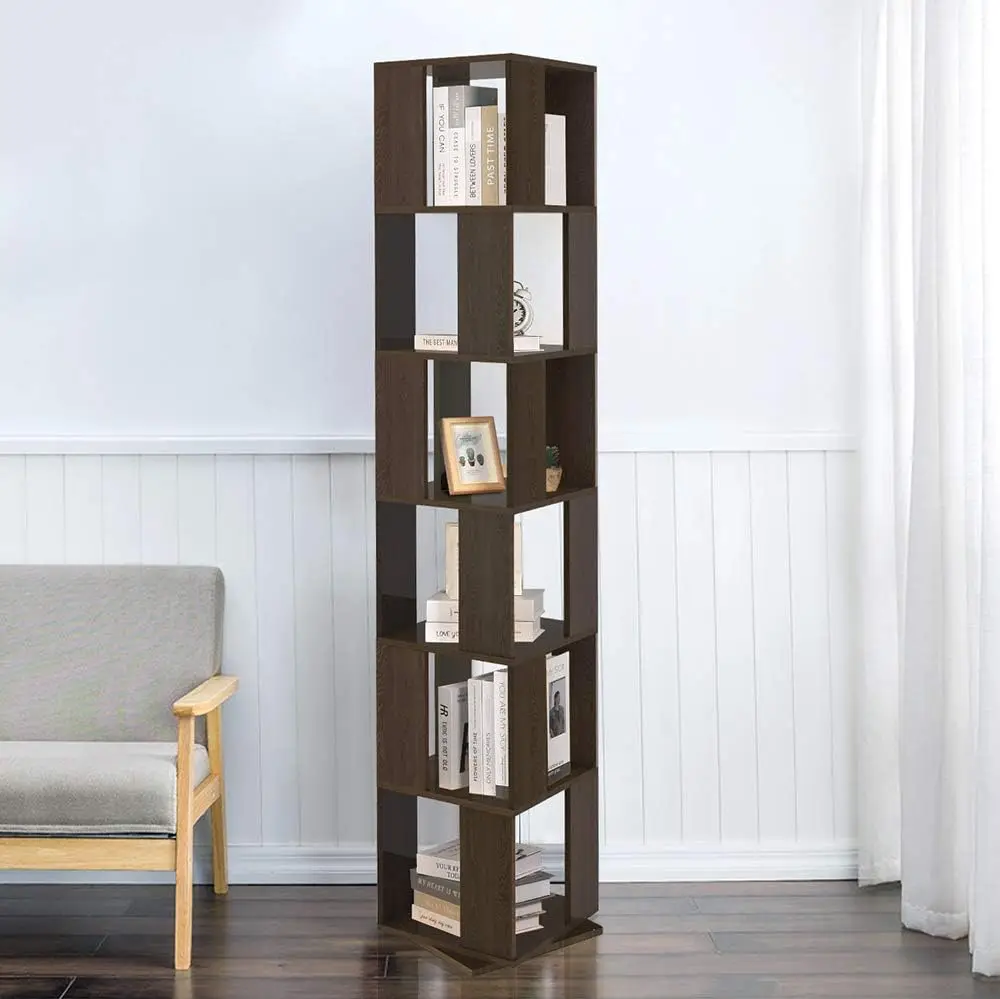 

Comfort Corner 6 Tier Wooden Bookcase Corner Tall Book Shelf Modern 360° Rotating Storage Display Rack Floor Standing Shelves