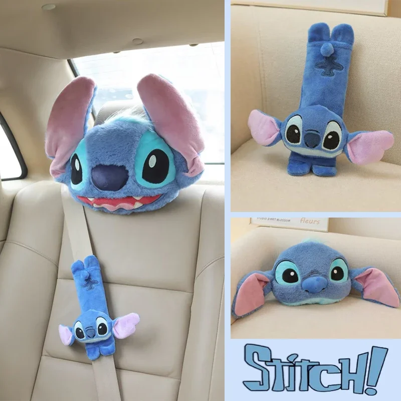 Disney Stitch Car Seat Belt Cover Neck Pillow Cartoon Anime Headrest Neck Support Universal Auto Plush Cute Interior Accessories