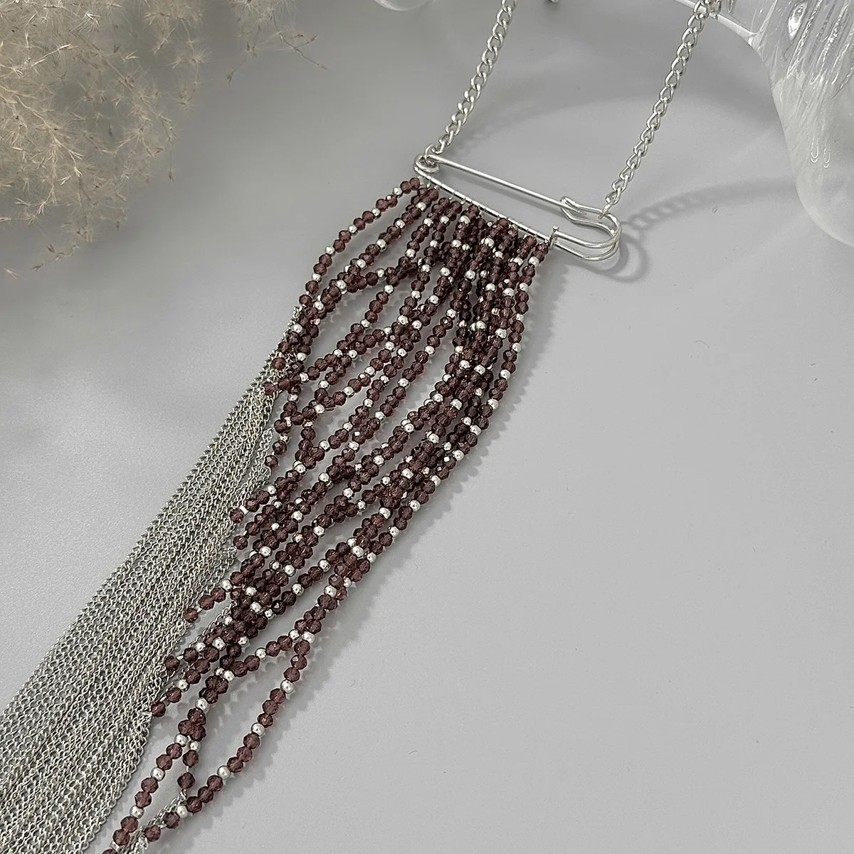 Silver Color Tassel Chain Brooch Fashion Accessory Fixed Clothes Pins for Women Crystal Bead Pendant Jewelry Accessories view 4