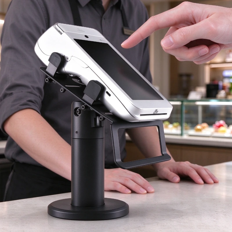 Adjustable POS Terminal Stand with 180° 360° Rotation, Variable Clamp Tension, Stable Touchscreen Display Support for Checkout