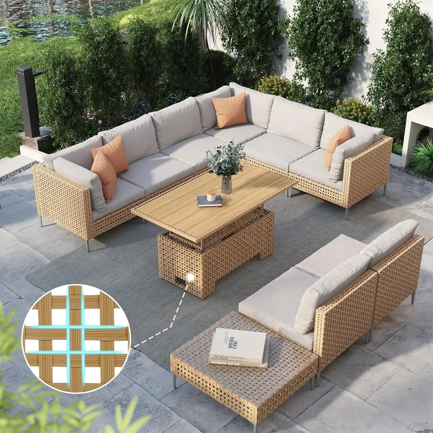 10-Piece Wicker Patio Furniture Set with Lift Top Coffee Storage Table,Sectional Sofa with Water Resistant Thick Cushions, Beige