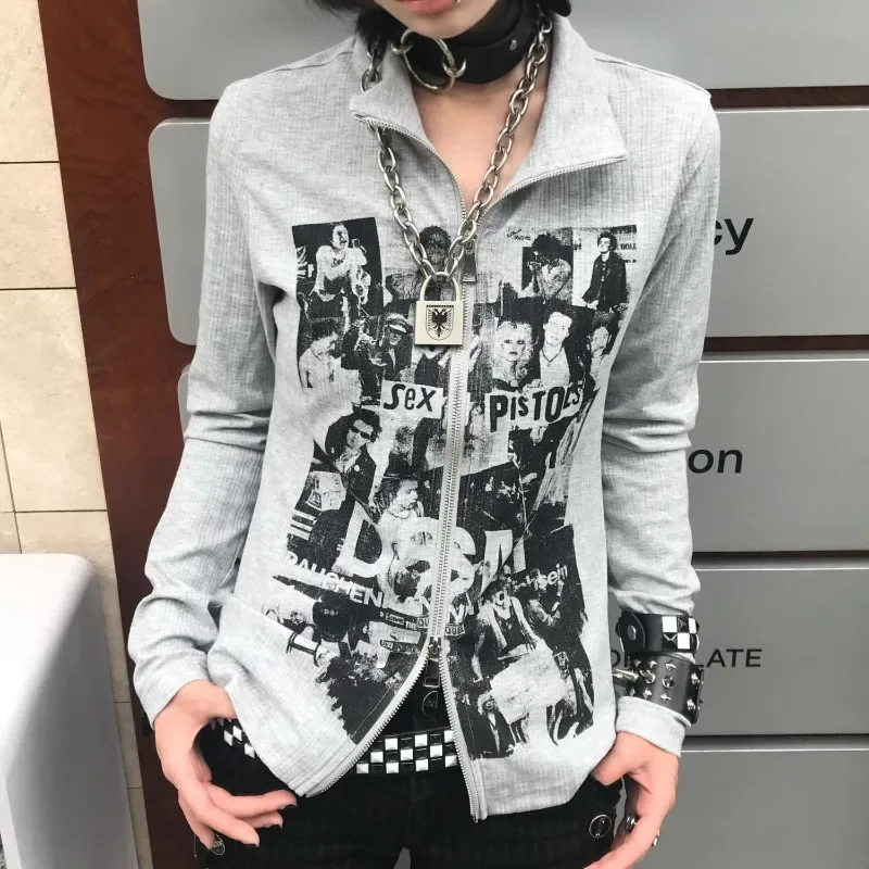 Punk Fashion Autumn Portable Coat American Vintage Print Y2k Aesthetic Gothic Women Clothes High Street All Match Vintage Jacket