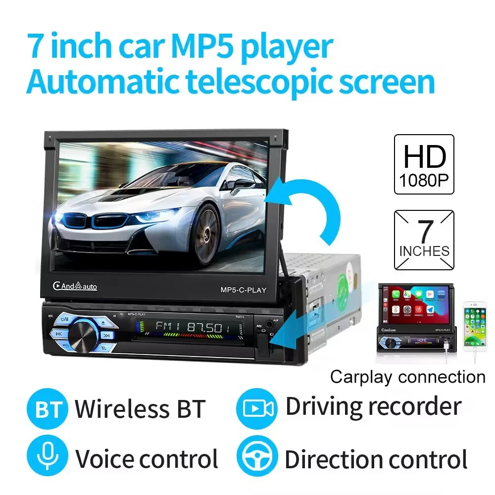 7-Inch Retractable Screen Single-Spindle Car Mp5/Mp4 Player Carplay Car Mp3 Card Machine Reversing 9601C