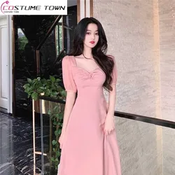 2023 New Summer French Square Shoulder Large Neck Twisted Gentle Waist Shrinking Show Slim Temperament Luxury Pink Dress