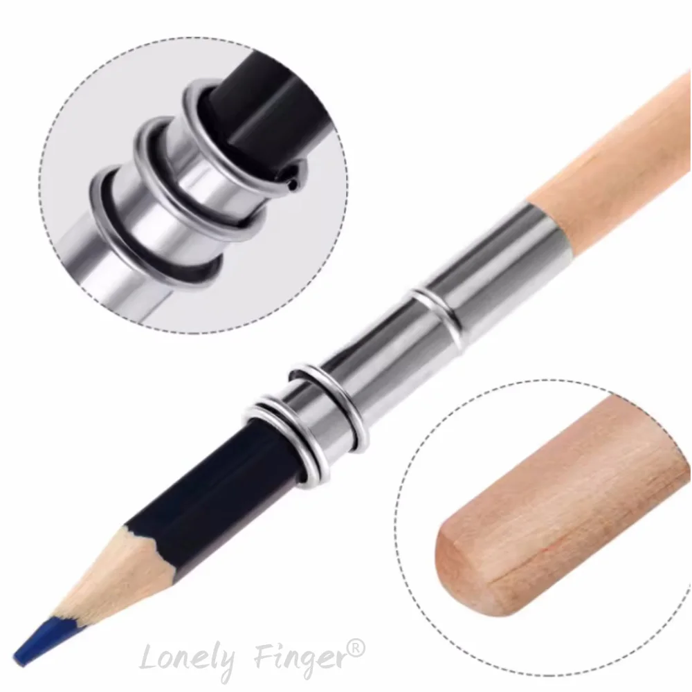 2/6/10pcs Durable Non-Slip Stainless Steel Pencil Extender Wood Handle Strong Stable Metal Extension for Writing Tools