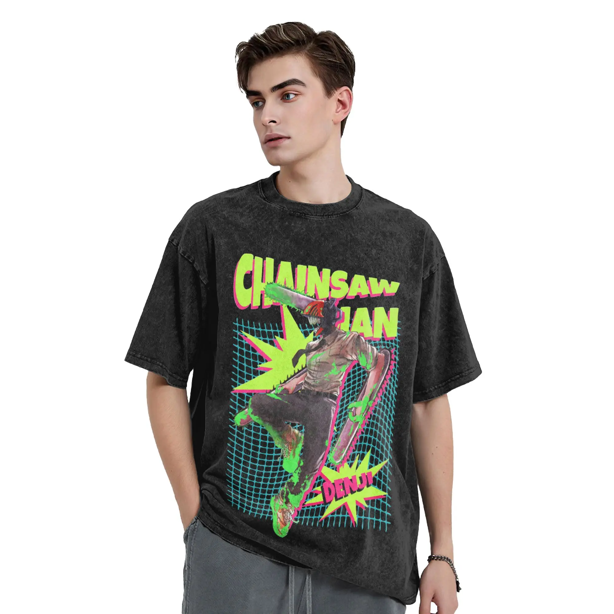 Funny Denjj Chainsaws Man Vintage Washed T Shirt Unisex Cotton Short Sleeve  O-neck Summer TopsTops