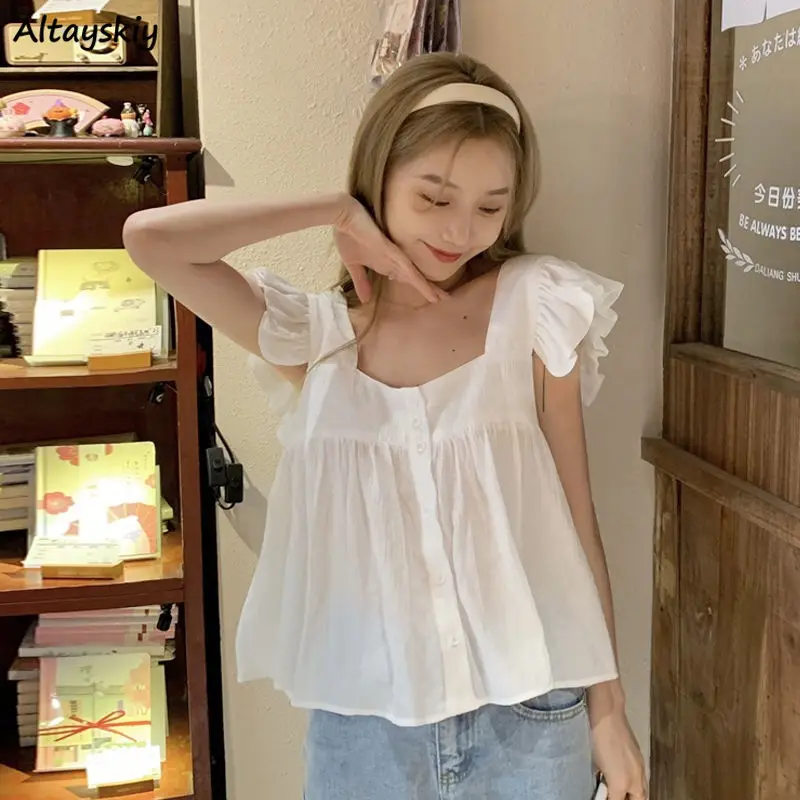 

Женские рубашки, однотонные, с летающими рукавами, с милыми оборками, Ulzzang, универсальные, элегантные, милые, нежные, для подростков, повседневные, с квадратным воротником, в стиле ретро, фея