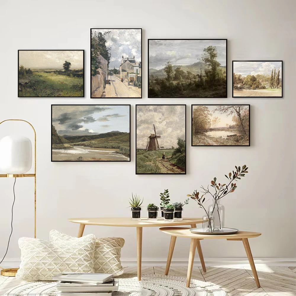 

Vintage Countryside Nature Landscape Poster Canvas Painting Mountain House Windmill Wall Art Print Picture For Living Room Decor
