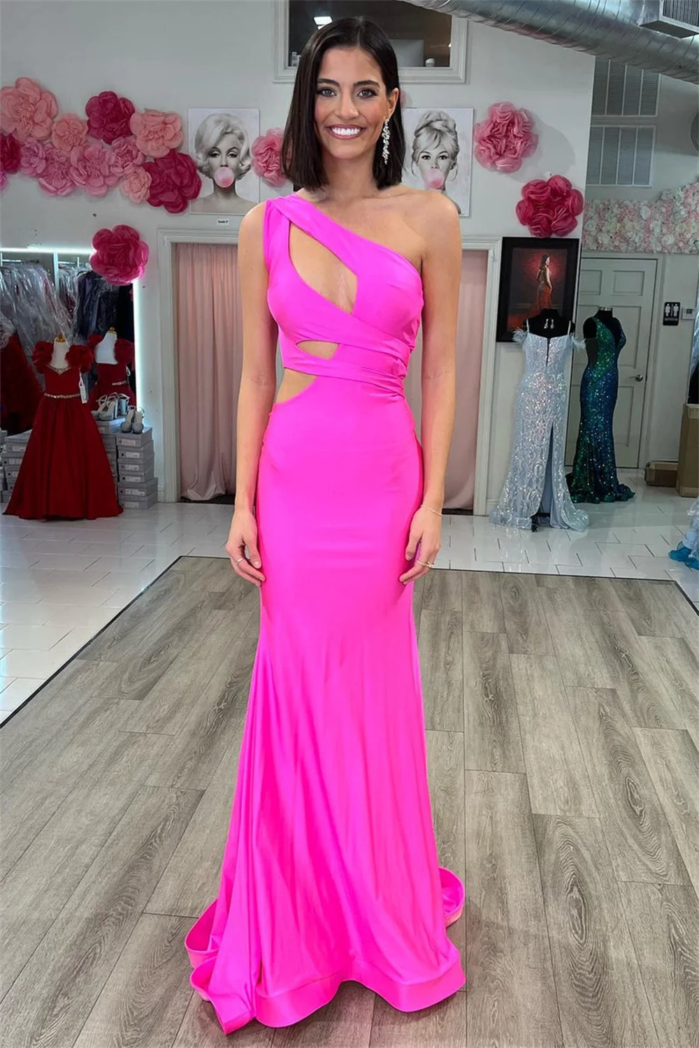 Bella Fuchsia Satin Prom Dresses One Shoulder Mermaid Wedding Dress Elegant Sleeveless Floor-Length Cut-out Vestidos De Fiesta