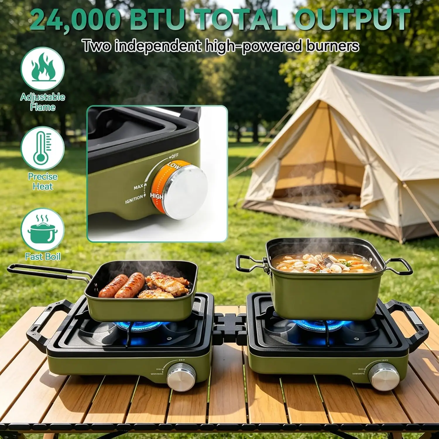 Portable Propane Camping Stove Kit with 2 Burners, 24,000 BTU Foldable Hiking Stove, Green, Includes Frying Pan, Pot, Windshield & Carry Bag, Outdoor Camp Cookware Set for BBQ, Picnic & Tailgating