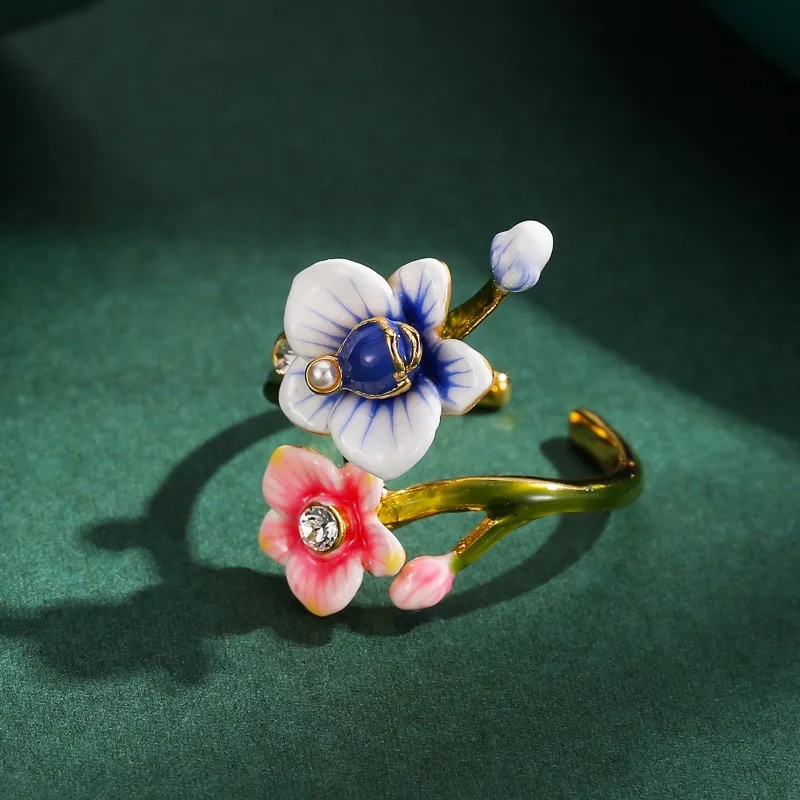 

Fashion French Style Hand Colored Glaze Glass Pearl Clear Rhinestone, Pink Flower Blue Bud Adjustable Ring Open Ring for Women