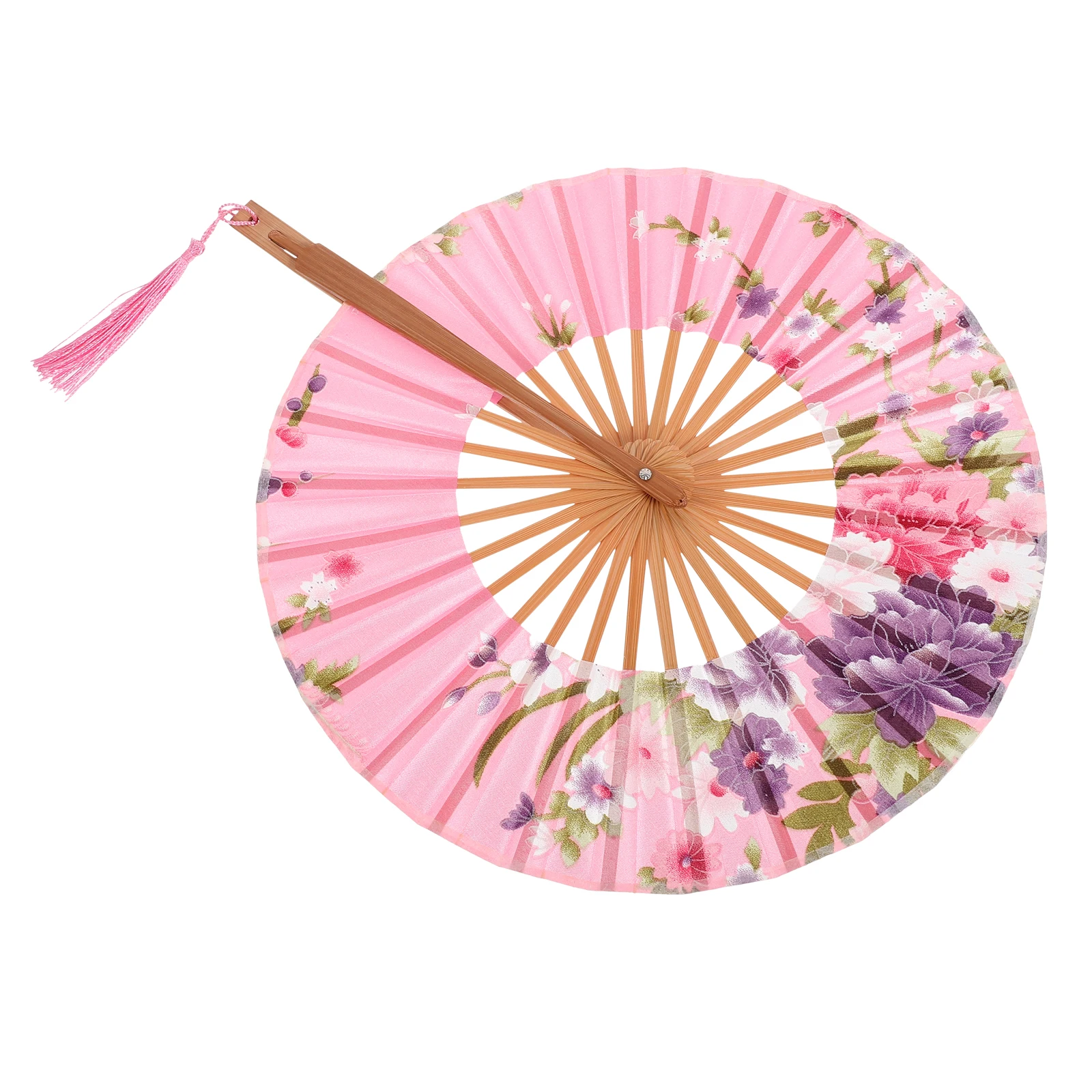 

Japanese Style Folding Long Handled Fan Round Bamboo Pattern Elegant Party Dance Photo Prop Retro for Wedding