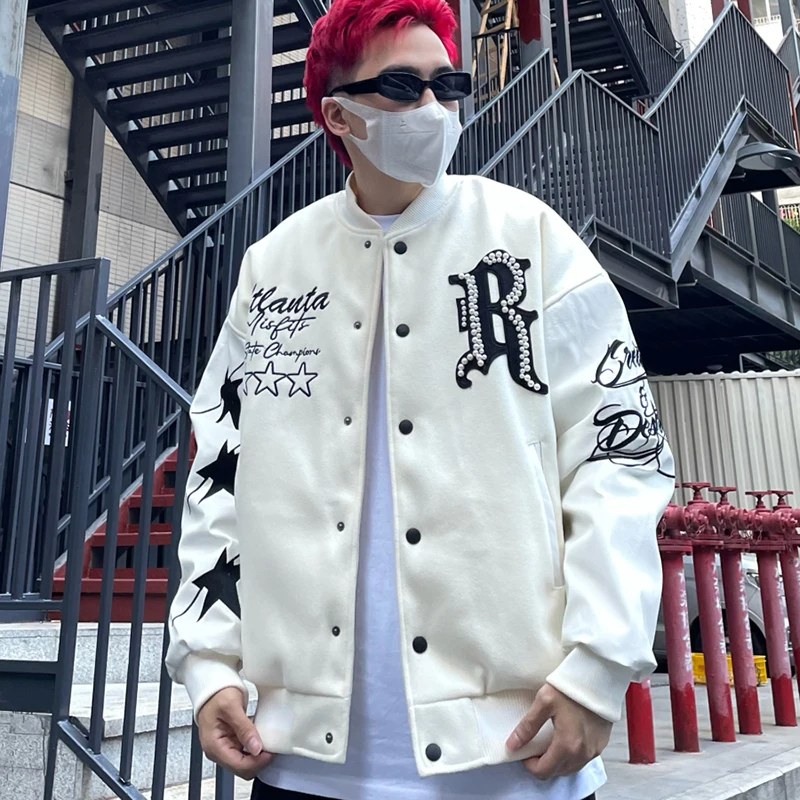 Pearl Embroidery PU Leather Patchwork Parka Men Thick Jacket Hip Hop Windbreaker Winter Padded Baseball Coat 2024 Harajuku Loose