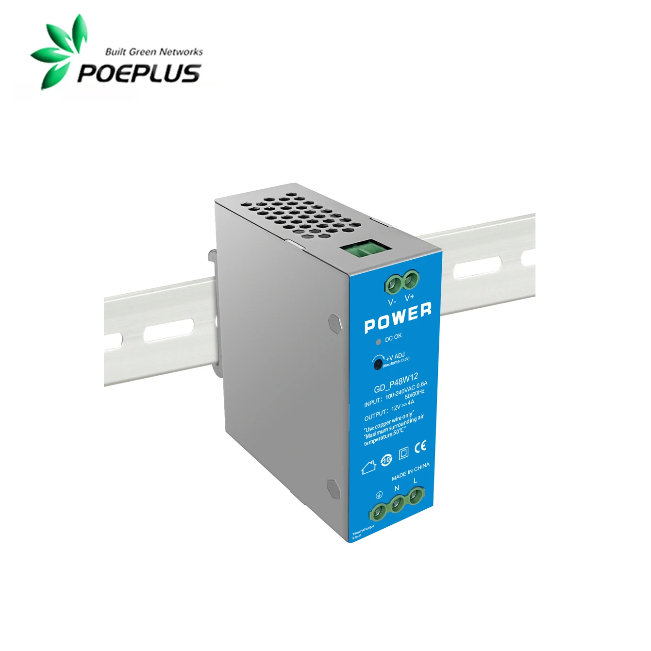 

POEPLUS 48W Industrial Power Supply|AC to DC voltage converter|DIN rail installation|110-240Vac to 12Vdc|12/24/48Vdc optional
