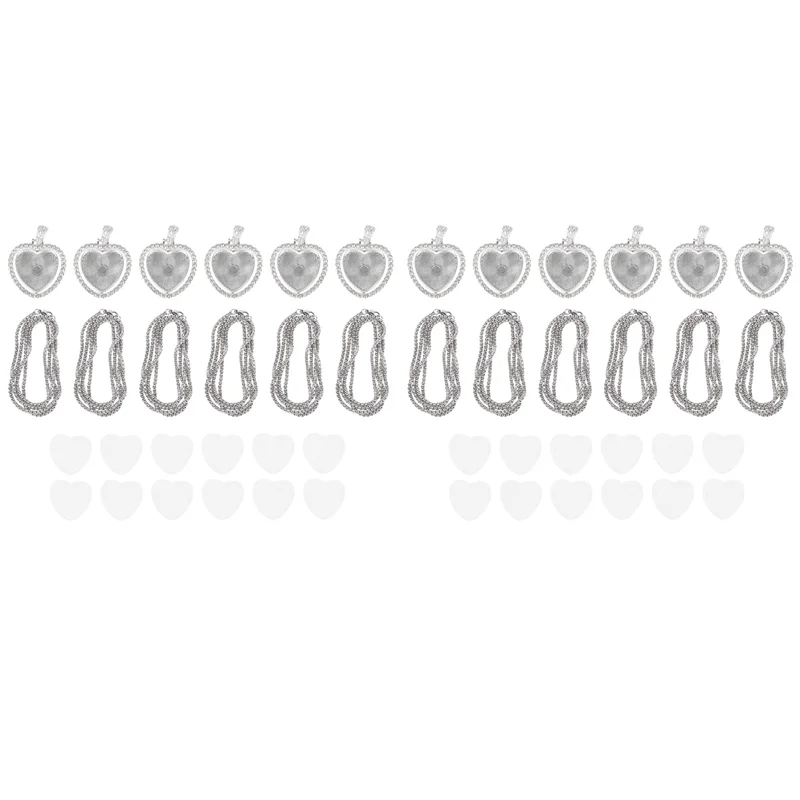 FAST-48Pcs مجموعة قلادة صواني حجر الراين التسامي، 12 صينية إطار فارغة، 12 قطعة سلاسل مع 24 قرصًا، نمط القلب