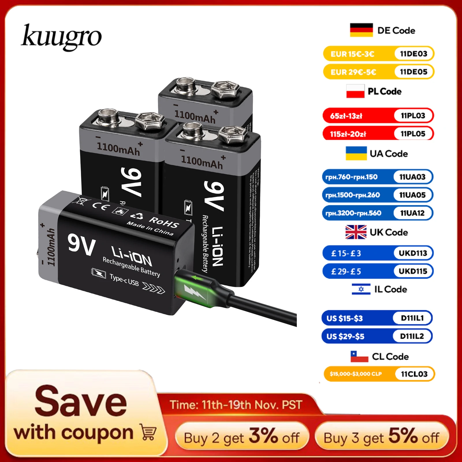 Kuugro USB 9V Rechargeable Battery 1100mAh Type-C Rechargeable 6F22 9V Li-ion Battery for RC Helicopeter Model Multimeter Toy