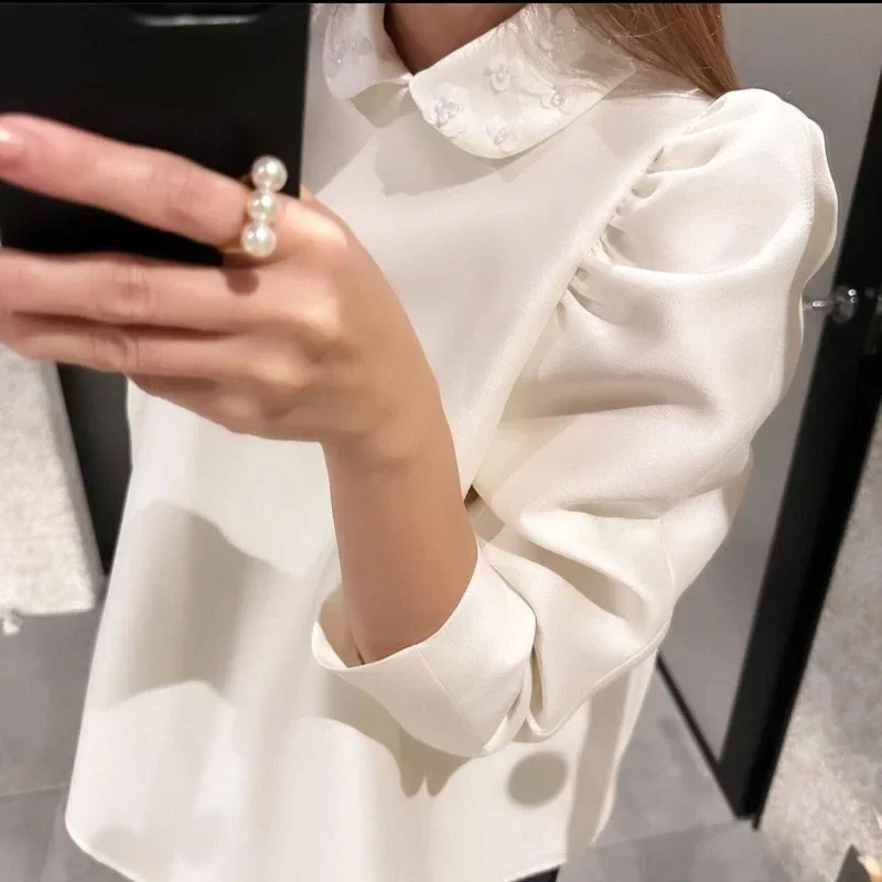 Peter Pan Collar Puff Sleeve Ladies Top Solid Sweet Japan Style Spring Blouses 2024 New Chic Elegant Blusas Mujer Female Camisas