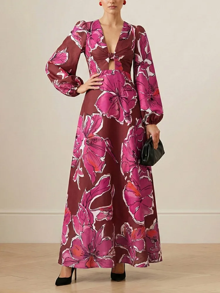 

Yeezzi 2026 New Women's Floral Printed Maxi Dresses Hollow Deep V-Neck Puff Sleeves Elegant Gown Evening Party A-line Dress