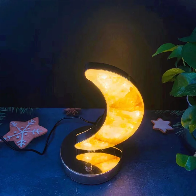 

Natural Yellow Fire Quartz Hematoid Moon Night Lamp Meditation Table Night Light for Kids Girls Room Decor 1PCS