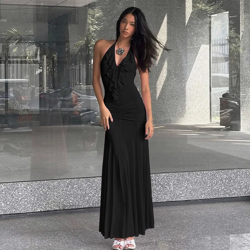 Women's Summer New Cross-border Solid Color Slim Fit High Waist Fashionable Hanging Neck Sexy Backless Dress for Women