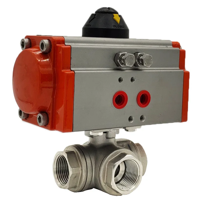 DN32 304 Stainless Steel 3 Way 2 PC High Platform Pneumatic Ball Valve Q611F-16P